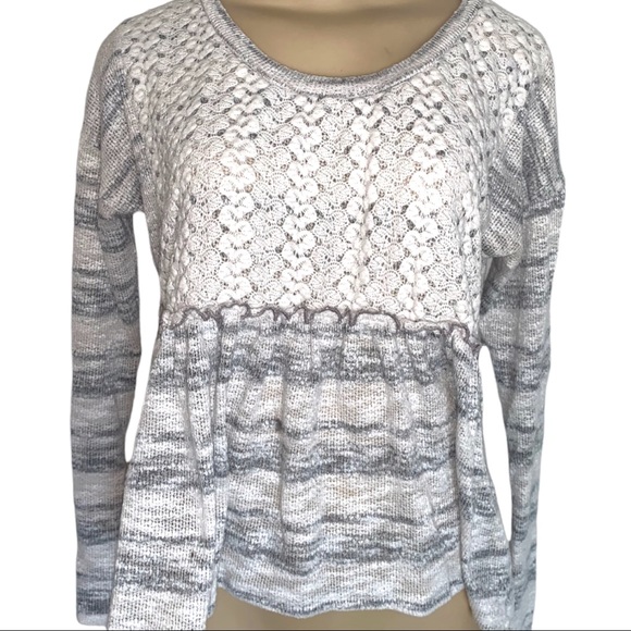Paper Crane Anthropologie Boho Empire white Grey Crop Crochet Knit Scoop Sweater - Picture 6 of 7